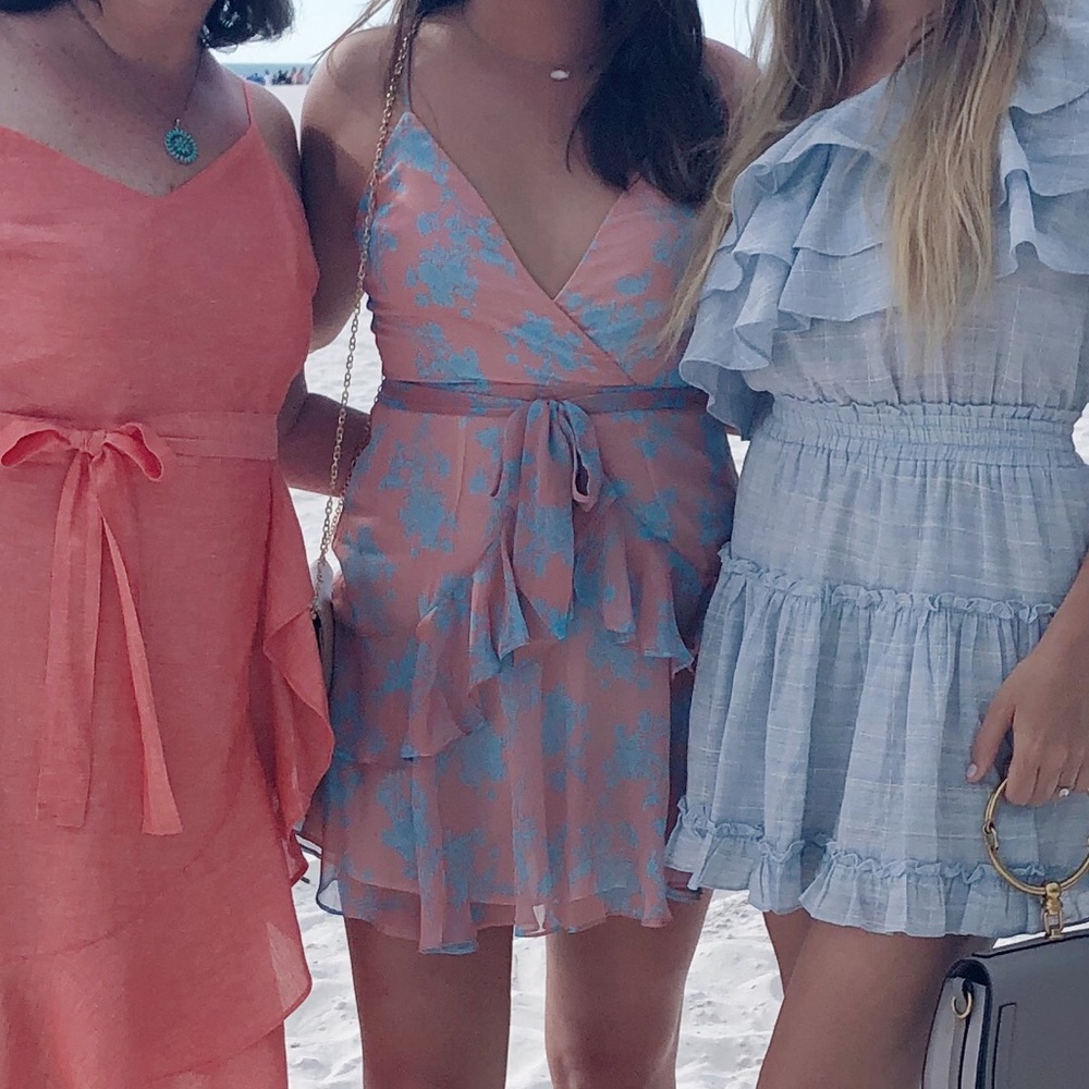 Pink & blue floral dress (center)